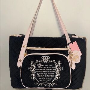 Juicy Couture Black Quilted Tote with Pink Straps and Gold Hardware